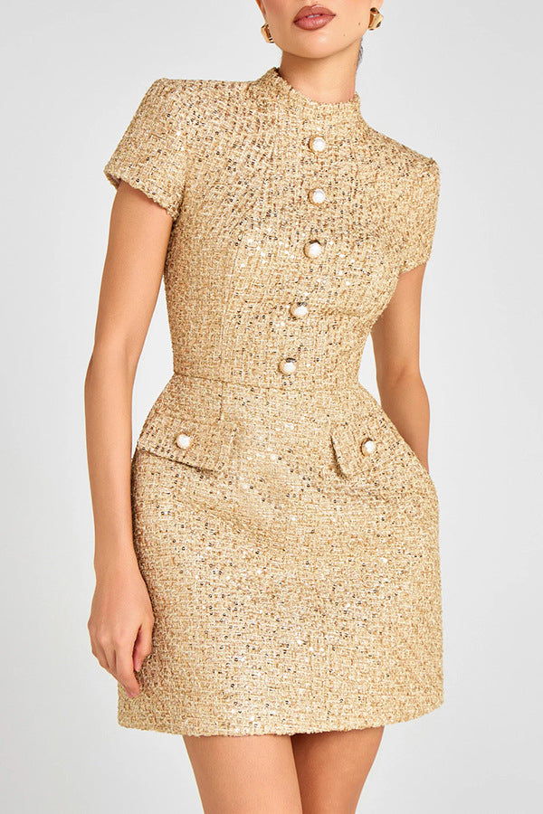 Gold Standard Tweed Fabric Pearl Button Short Sleeve Pocketed Mini Dress