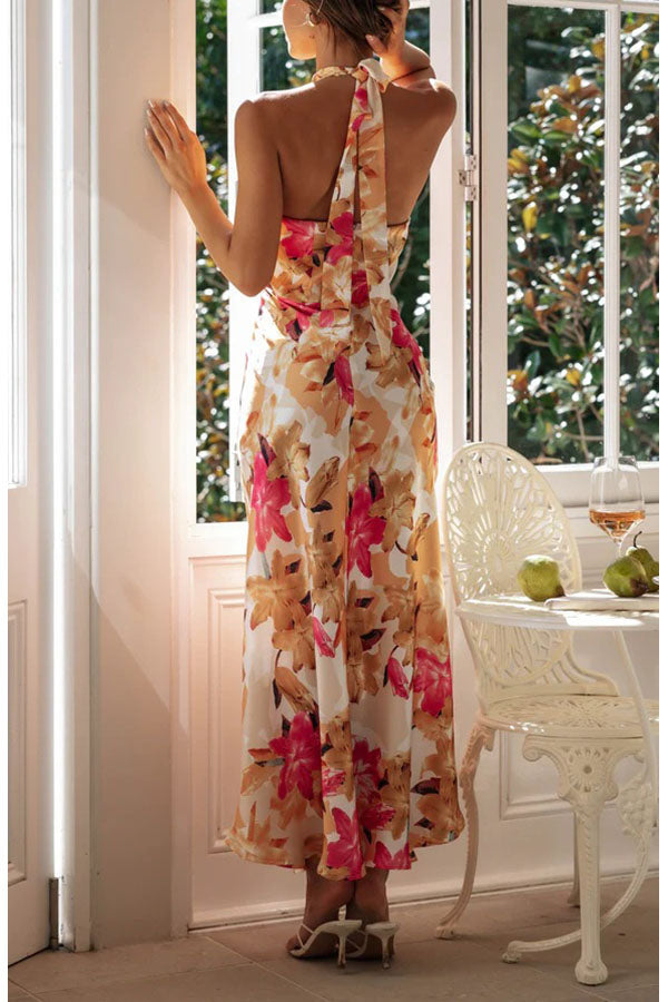 Happier Now Satin Floral Halter Maxi Dress