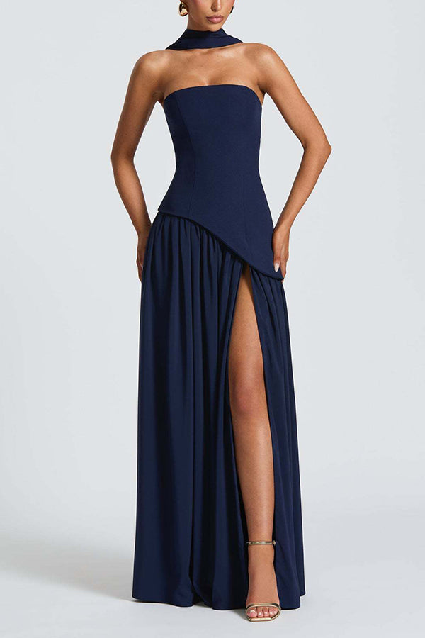 Elegant Off Shopulder Chiffon Pleated Hem Scarf Slit Maxi Dress