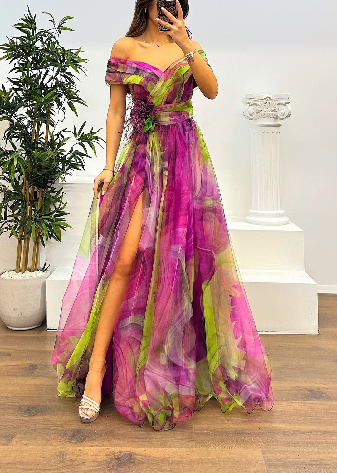 Fairy Flower Feather Pendant Elegant Fallen Fold Off Shoulder Party Split Design Long Dress