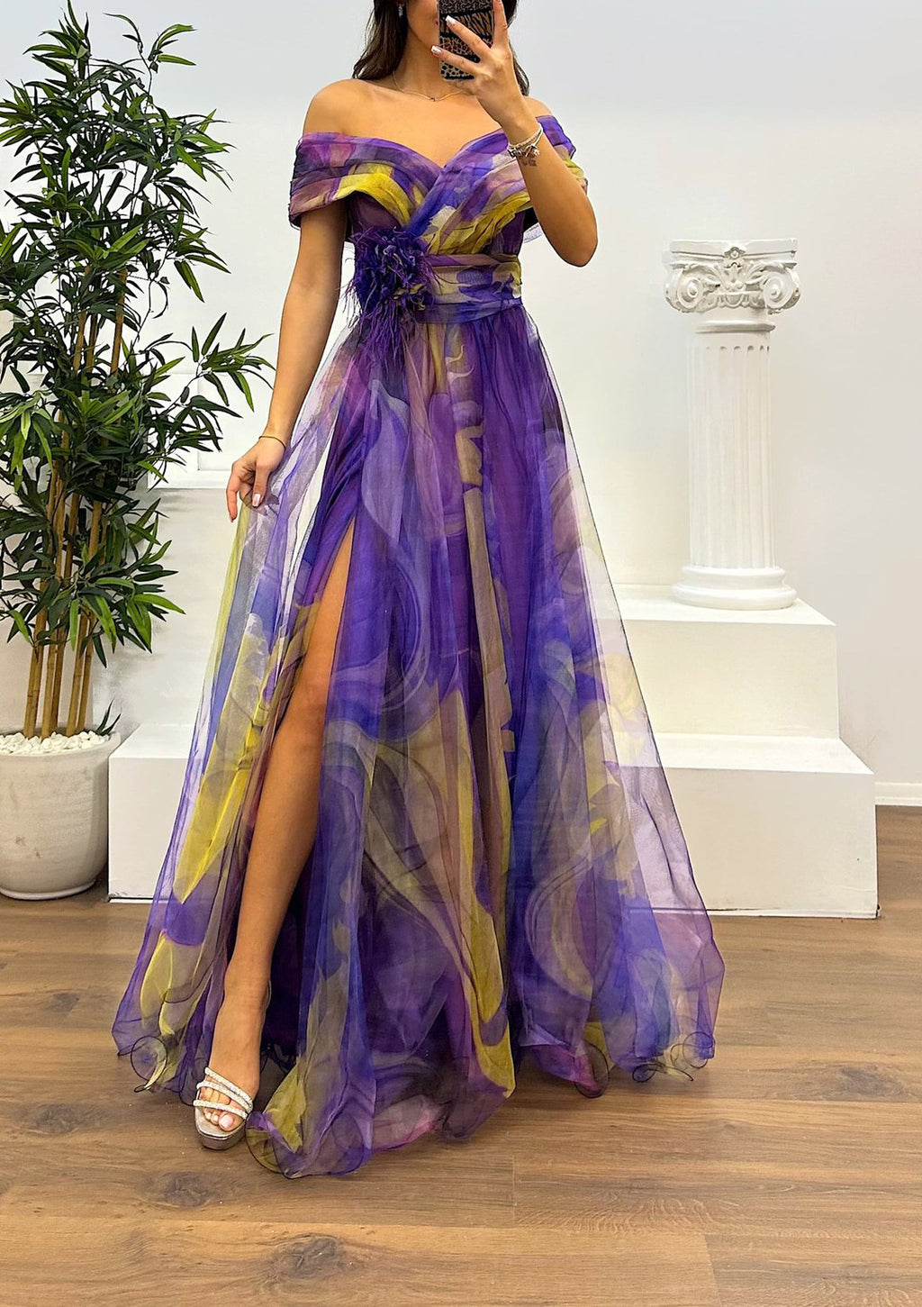 Fairy Flower Feather Pendant Elegant Fallen Fold Off Shoulder Party Split Design Long Dress