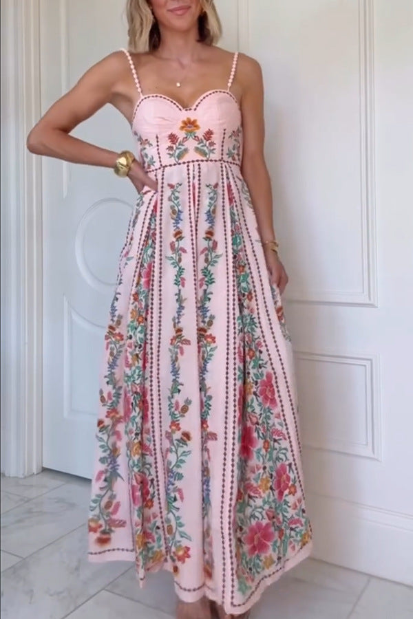 Linen Blend Delicate Forest Unique Print Sweetheart Neck Beaded Straps Maxi Dress