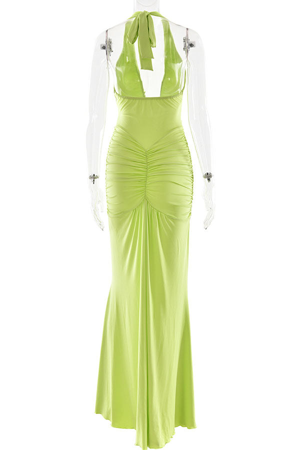 Solid Color Elegant Halterneck V-neck Open Back Tie Gathered Maxi Dress