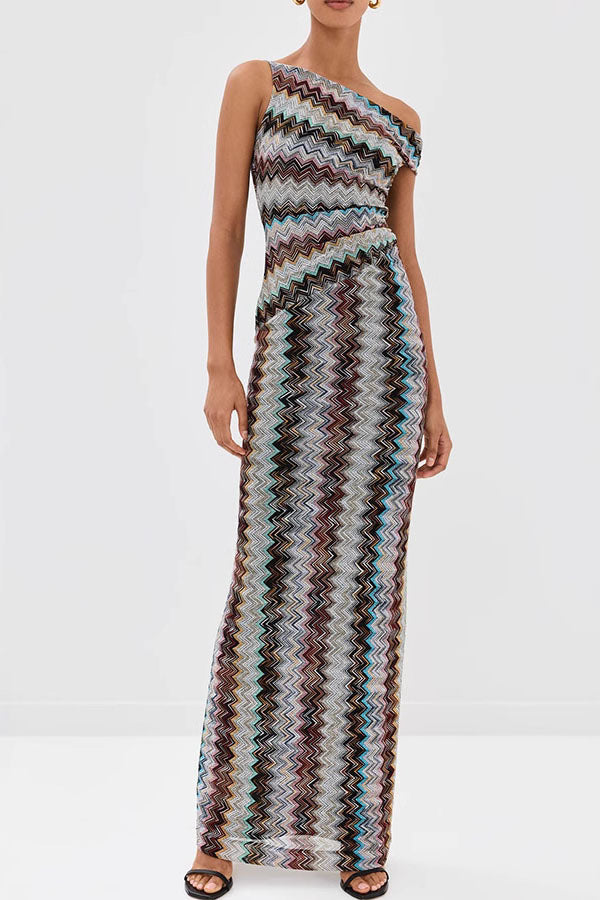 Cocktails and Vacation Knit Colorful Zigzag Pattern One Shoulder Slit Maxi Dress