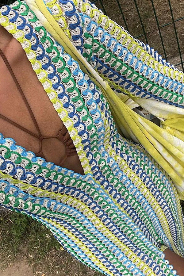 Eleanor Knit Colorful Wave Unique Print Shirt U-neck Long Sleeve Slit Maxi Dress