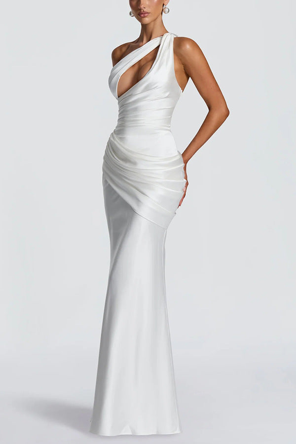 Emina Satin One Shoulder Asymmetrical Neck Cutout Back Lace-up Drape Maxi Dress