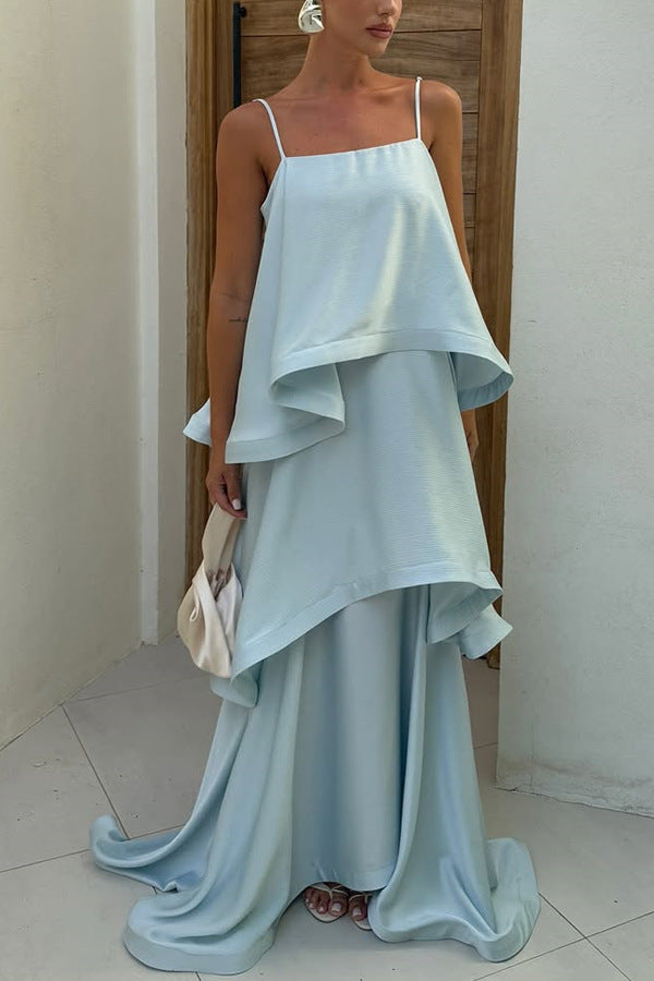 Soft and Smooth Satin Tiered Slip Square Neck A-line Maxi Dress