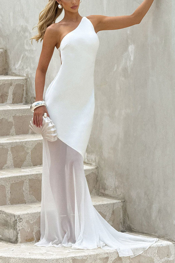 Fable Satin One Shoulder Back Adjustable Straps Contrast Chiffon Hem Maxi Dress