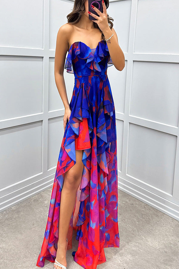 Fashionable party gradient unique printed flowing layered pleated strapless slim fit long skirt