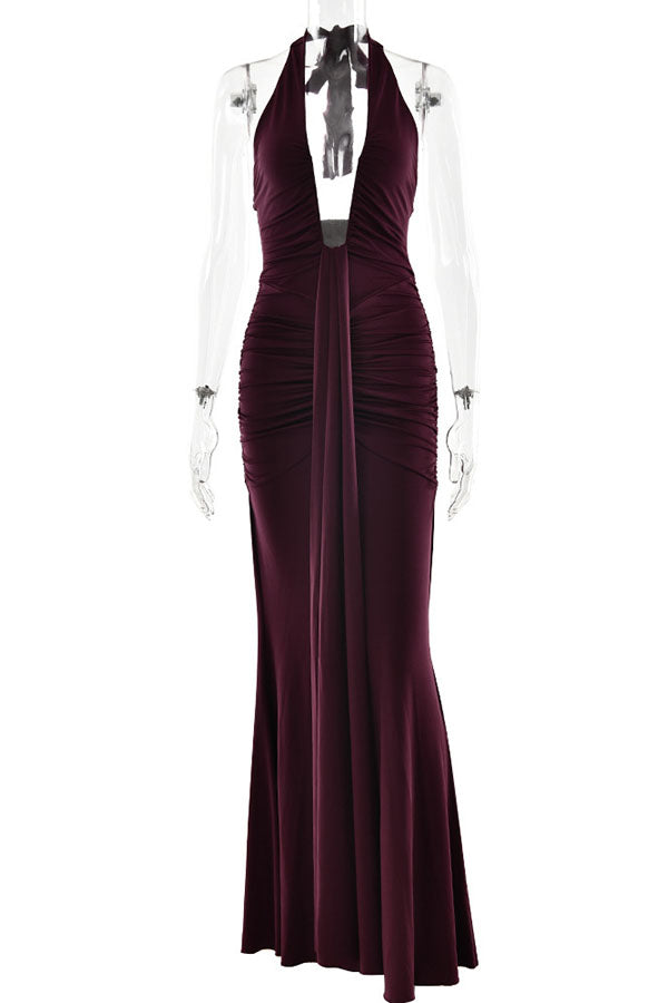 Solid Color Elegant Halterneck V-neck Open Back Tie Gathered Maxi Dress