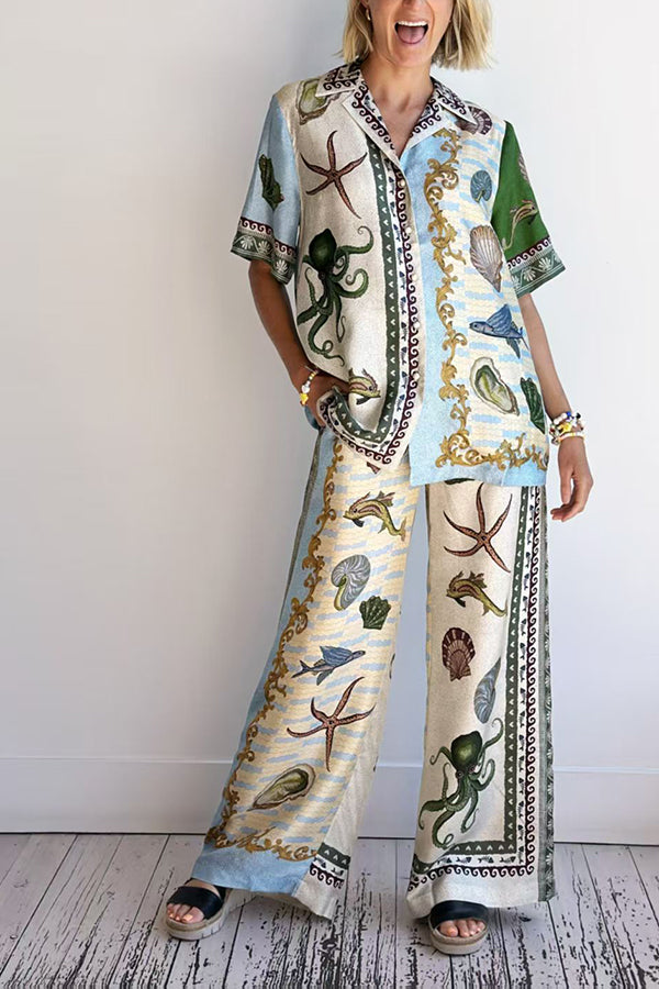 Deep Sea Dreaming Satin Unique Print Short Sleeve Shirt and Elastic Waist Pocketed Pants Set