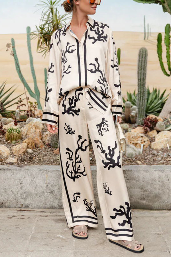 Light and Comfortable Satin Unique Print Elastic Waist Pocketed Wide Leg Pants