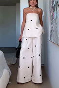 Linen Blend Polka Dot Bandeau Top and Elastic Waist Pocket Wide Leg Pants Set