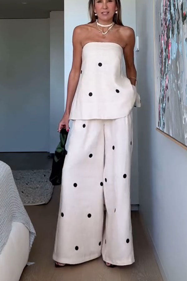 Linen Blend Polka Dot Bandeau Top and Elastic Waist Pocket Wide Leg Pants Set