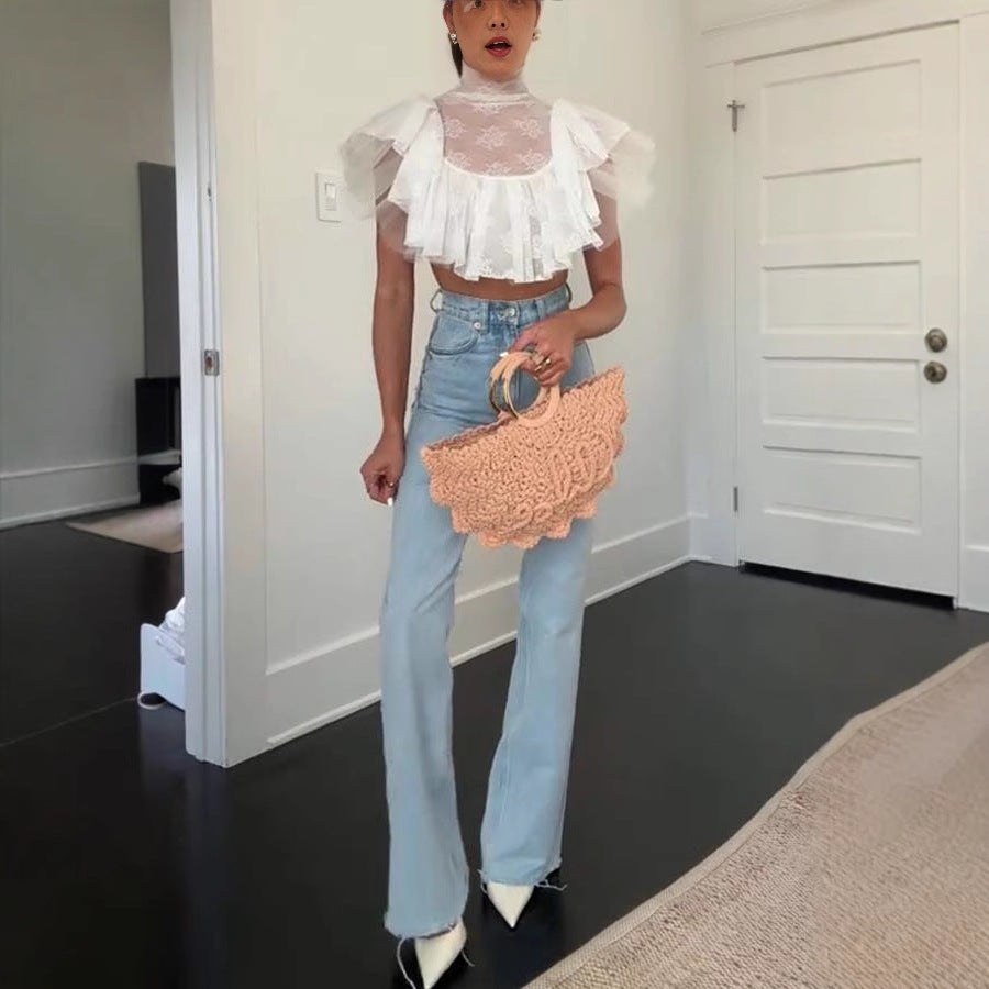 Kathlyn Lace Layered Tulle High Neck Ruffle Cropped Top