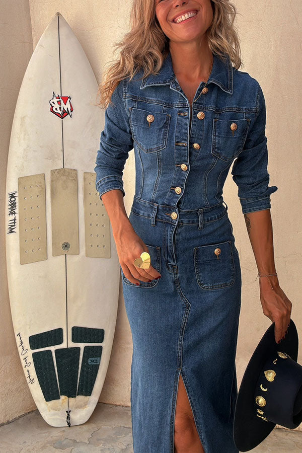Tessy Denim Metal Button Zipper Shirt Stretch Pencil Slit Midi Dress
