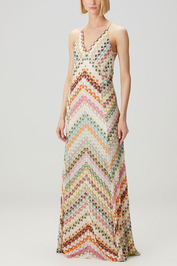 Missoni Summer Knit Colorful Herringbone Print Open Beck Maxi Dress
