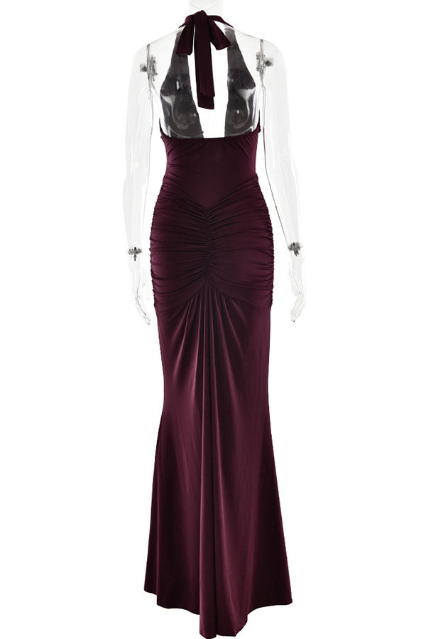Solid Color Elegant Halterneck V-neck Open Back Tie Gathered Maxi Dress