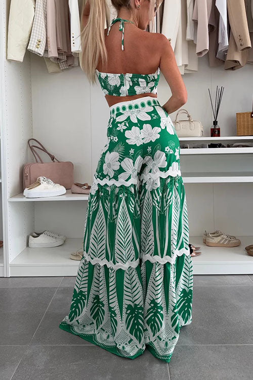 Cassie Ric Rac Trims Unique Print Halter Ring Tank and High Rise Wide Leg Pants Set