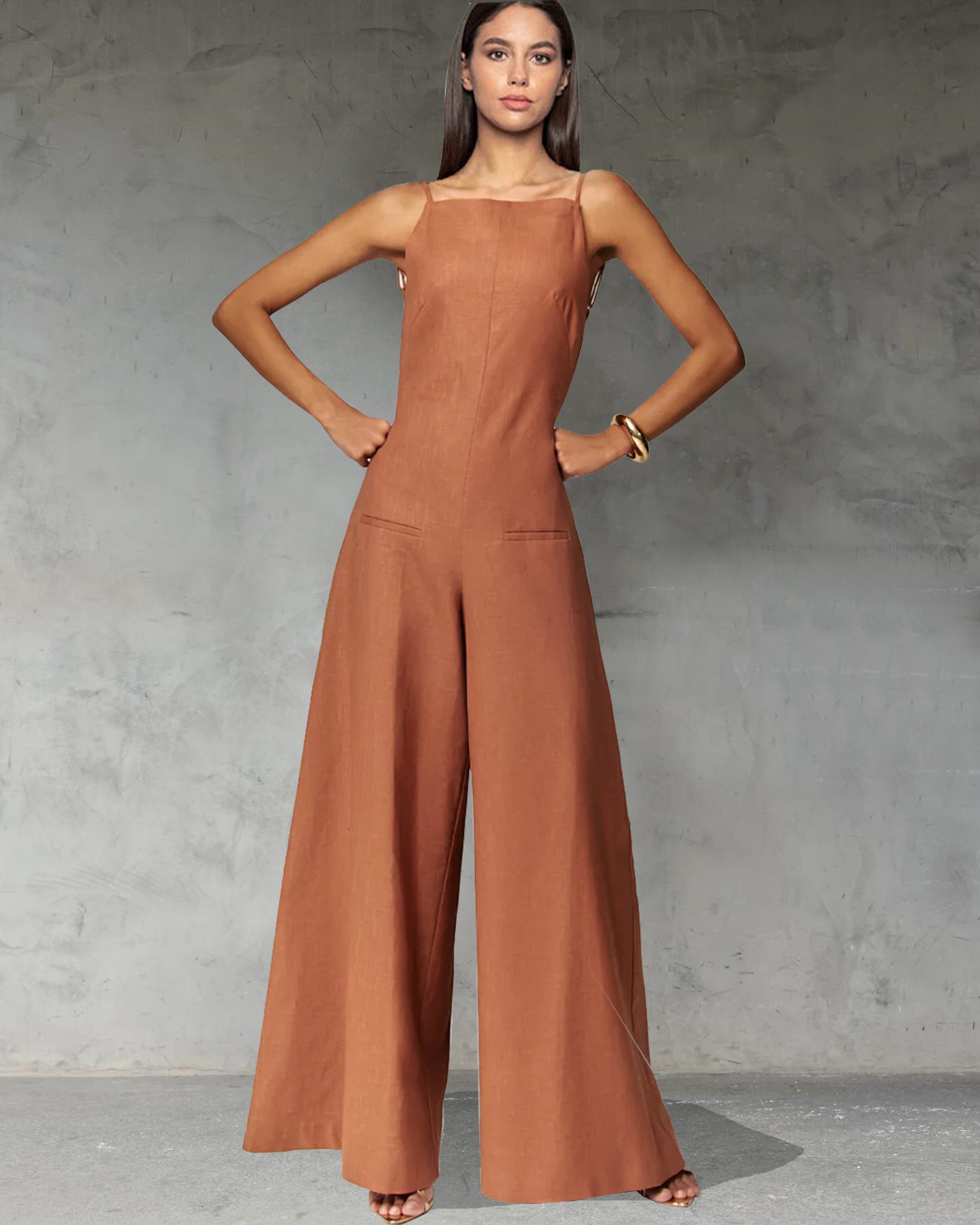 Kelso Linen Blend Square Neck Pocketed Backless Wide Leg Jumpsuit