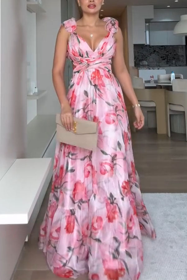 Whimsy Grace Tulle Floral Ruffle Detail Back Lace-up Pleated Maxi Dress