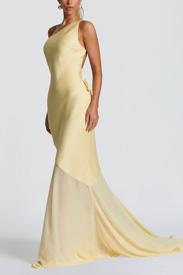 Fable Satin One Shoulder Back Adjustable Straps Contrast Chiffon Hem Maxi Dress