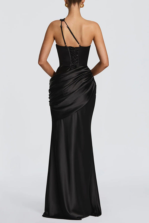 Emina Satin One Shoulder Asymmetrical Neck Cutout Back Lace-up Drape Maxi Dress (red)