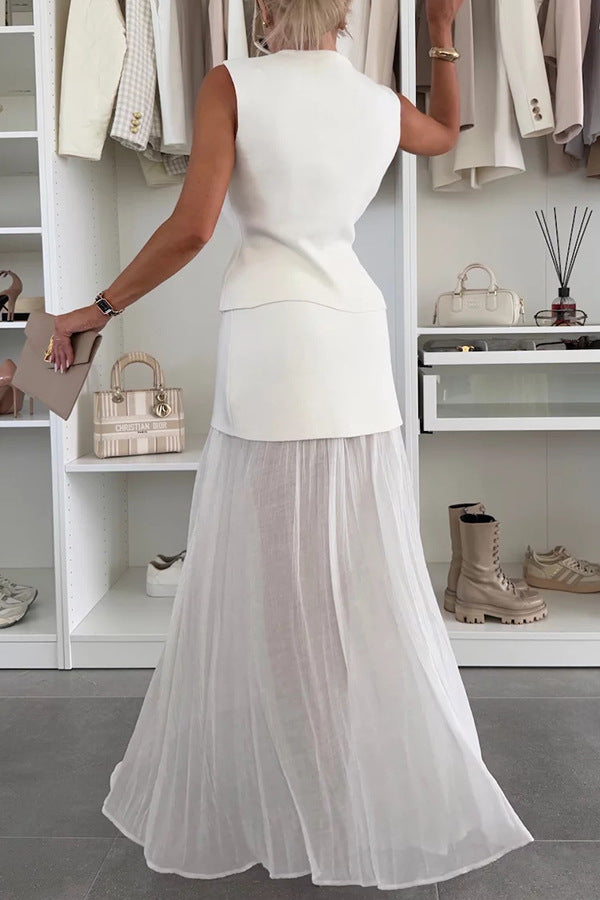 Stylish and Elegant Knit Spliced Tulle Elastic Waist Pleated Maxi Skirt