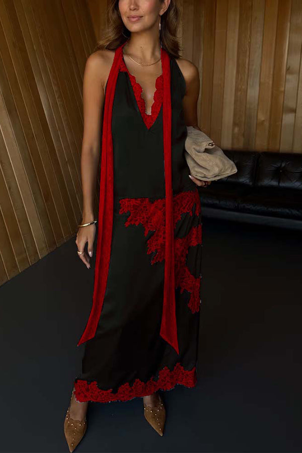 Sunday Social Contrast Color Satin Lace Trim Mid Rise Maxi Skirt