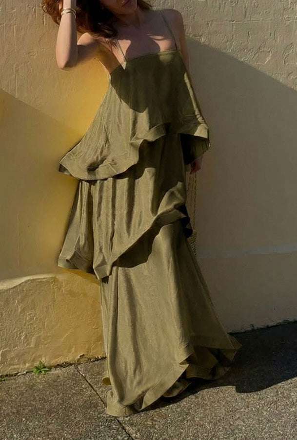 Soft and Smooth Satin Tiered Slip Square Neck A-line Maxi Dress