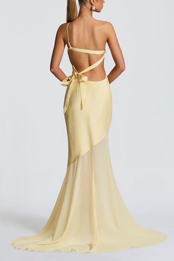 Fable Satin One Shoulder Back Adjustable Straps Contrast Chiffon Hem Maxi Dress