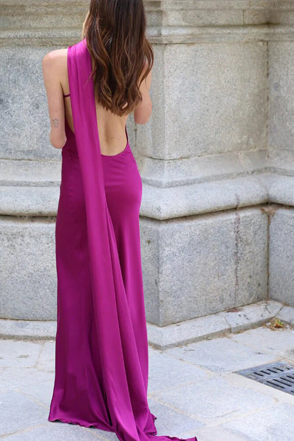 Crush on You Satin One Shoulder Backless Cape Maxi Dress