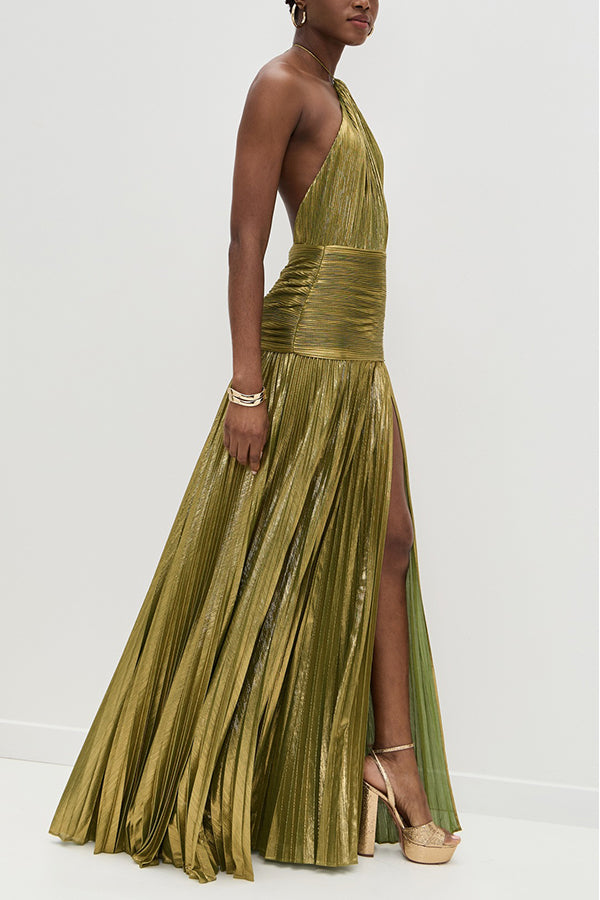 Glamorous Metallic Pleated Fabric Open Back Halter Slit Maxi Dress