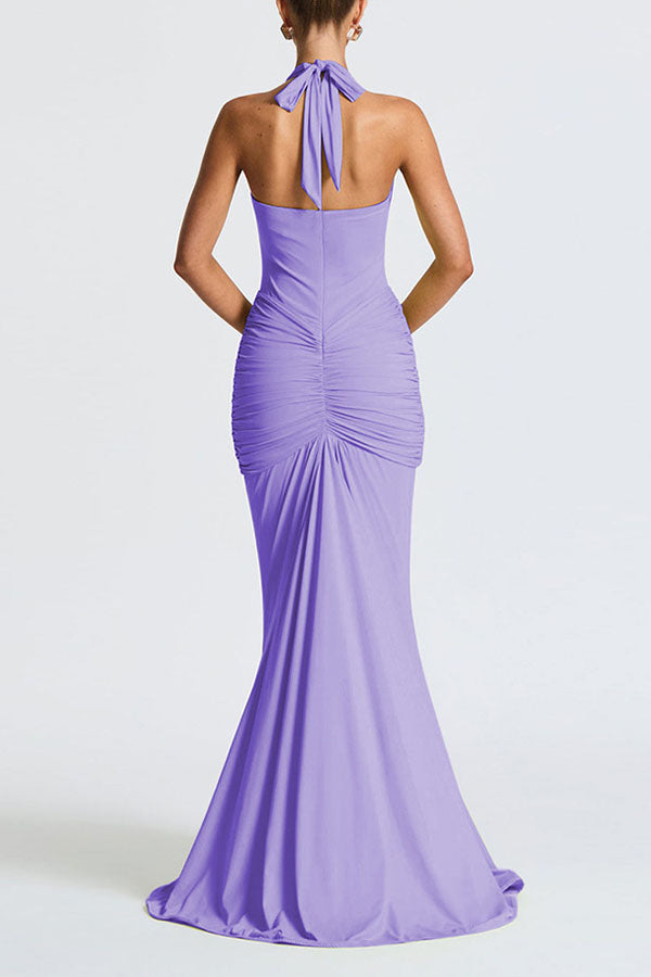 Solid Color Elegant Halterneck V-neck Open Back Tie Gathered Maxi Dress