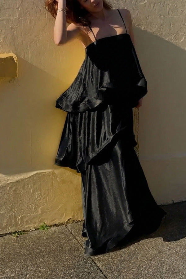 Soft and Smooth Satin Tiered Slip Square Neck A-line Maxi Dress