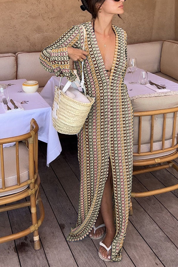 Eleanor Knit Colorful Wave Unique Print Shirt U-neck Long Sleeve Slit Maxi Dress