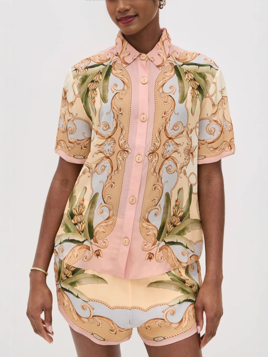 Royalty Unique Print Button Up Short Sleeve Shirt and Elastic Waist Pocketed Loose Shorts Set