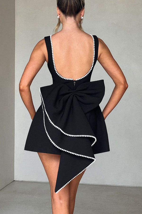 Stylish Pearl-embellished Large Bow Slim-fit Mini Dress