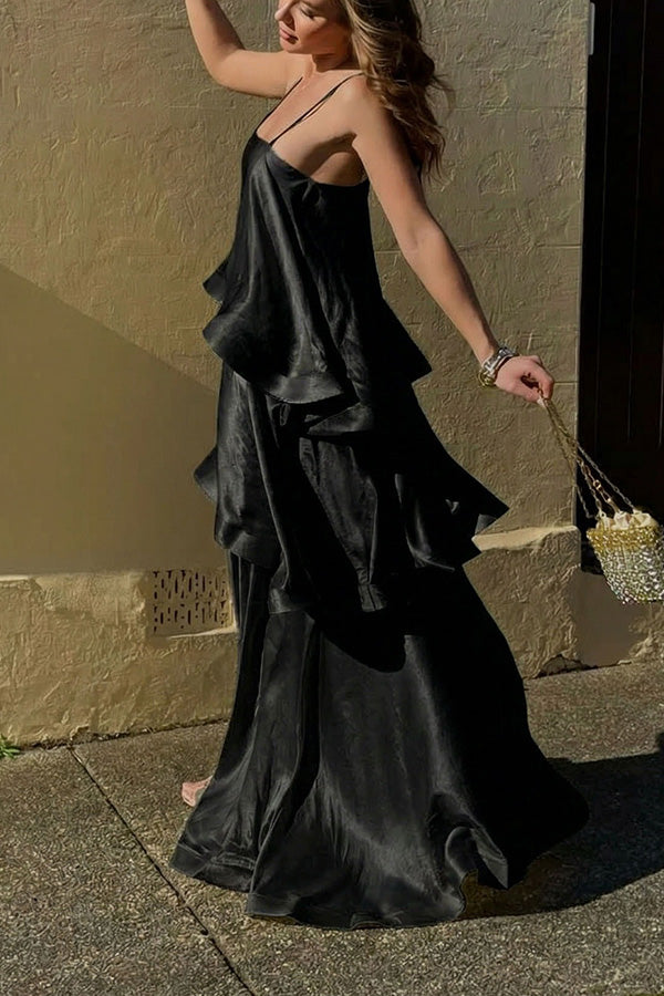 Soft and Smooth Satin Tiered Slip Square Neck A-line Maxi Dress