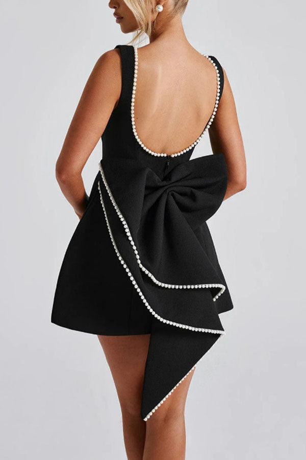 Stylish Pearl-embellished Large Bow Slim-fit Mini Dress