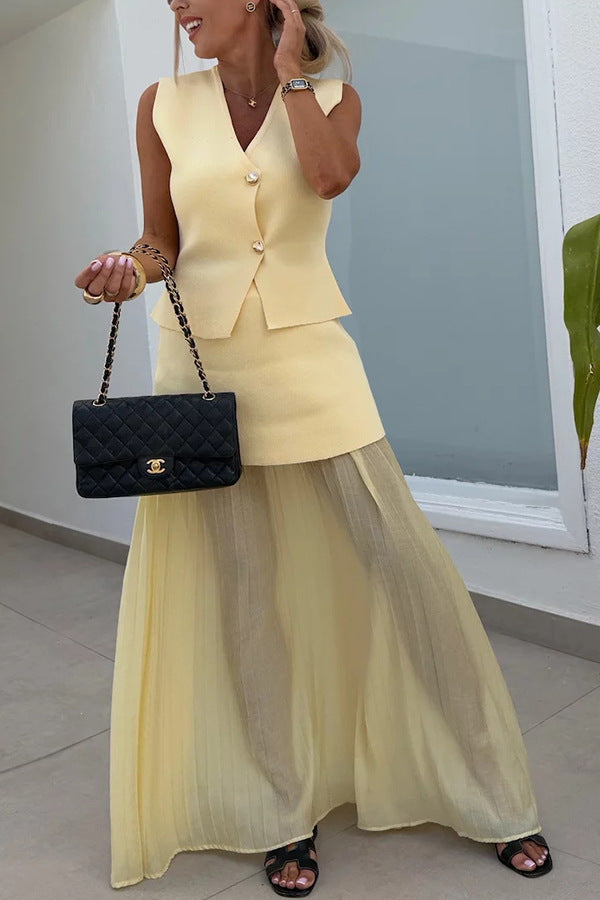 Stylish and Elegant Knit Spliced Tulle Elastic Waist Pleated Maxi Skirt