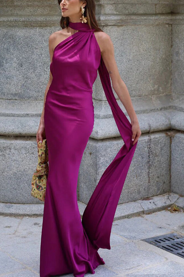 Crush on You Satin One Shoulder Backless Cape Maxi Dress
