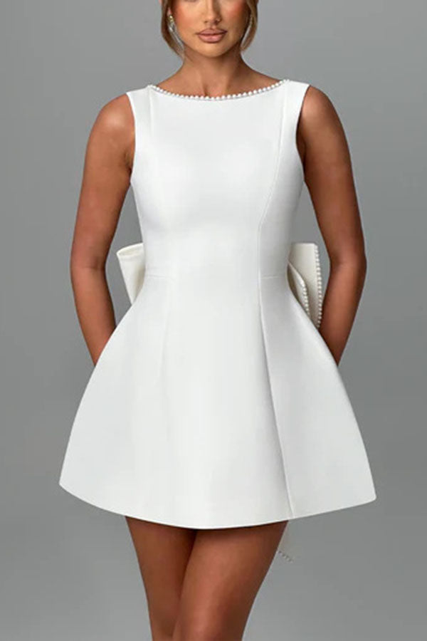 Stylish Pearl-embellished Large Bow Slim-fit Mini Dress