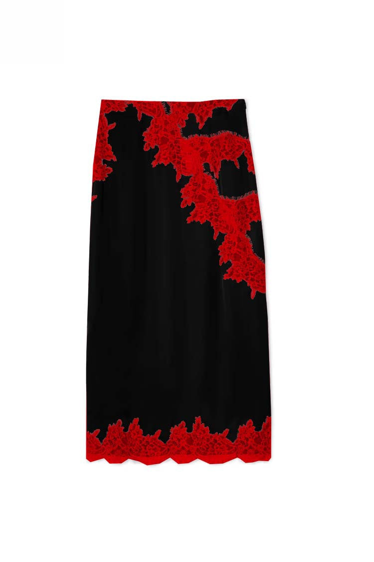 Sunday Social Contrast Color Satin Lace Trim Mid Rise Maxi Skirt