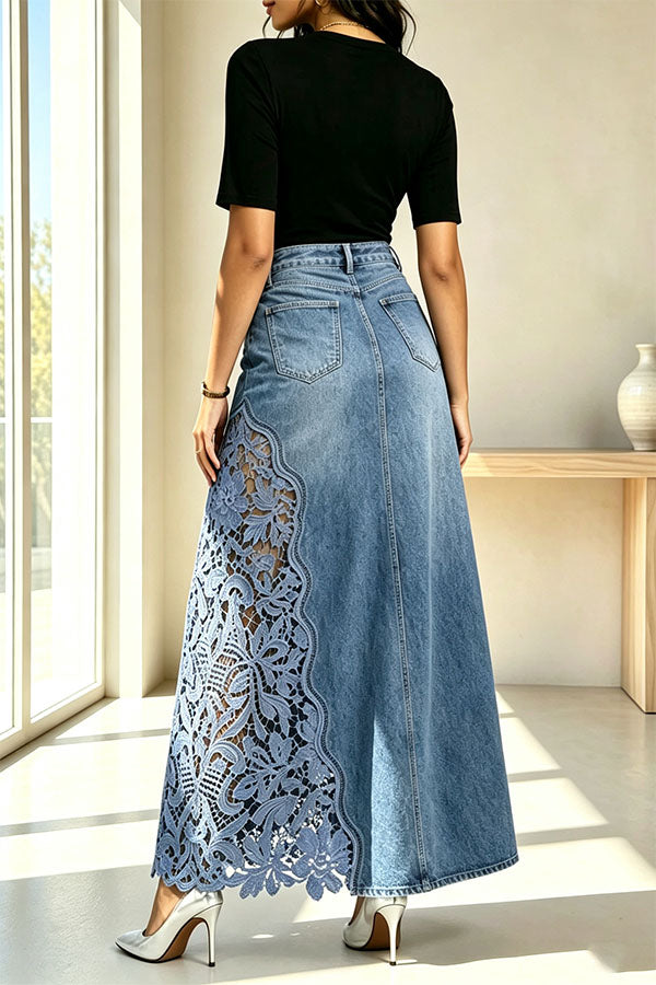 Stylish and Elegant Denim Side Panels Flower Crochet Lace Pocket Maxi Skirt