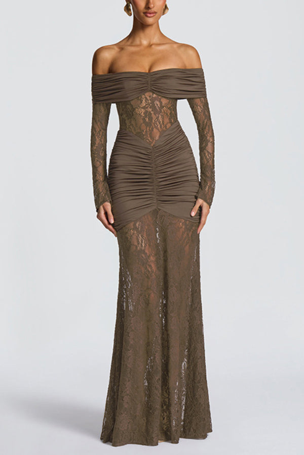 Solid Color Patchwork Lace Off-shoulder Long-sleeved Pleated Slim-fit Maxi Dress