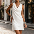 Cowl Neck Mini Dress with Pockets, Slim Fit Sleeveless Shift