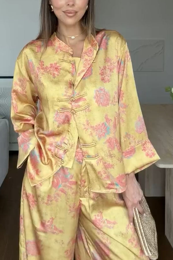 Floral Print Satin Knotted Button Long Sleeve Shirt and Elastic Waist Pocket Wide Leg Pants Set