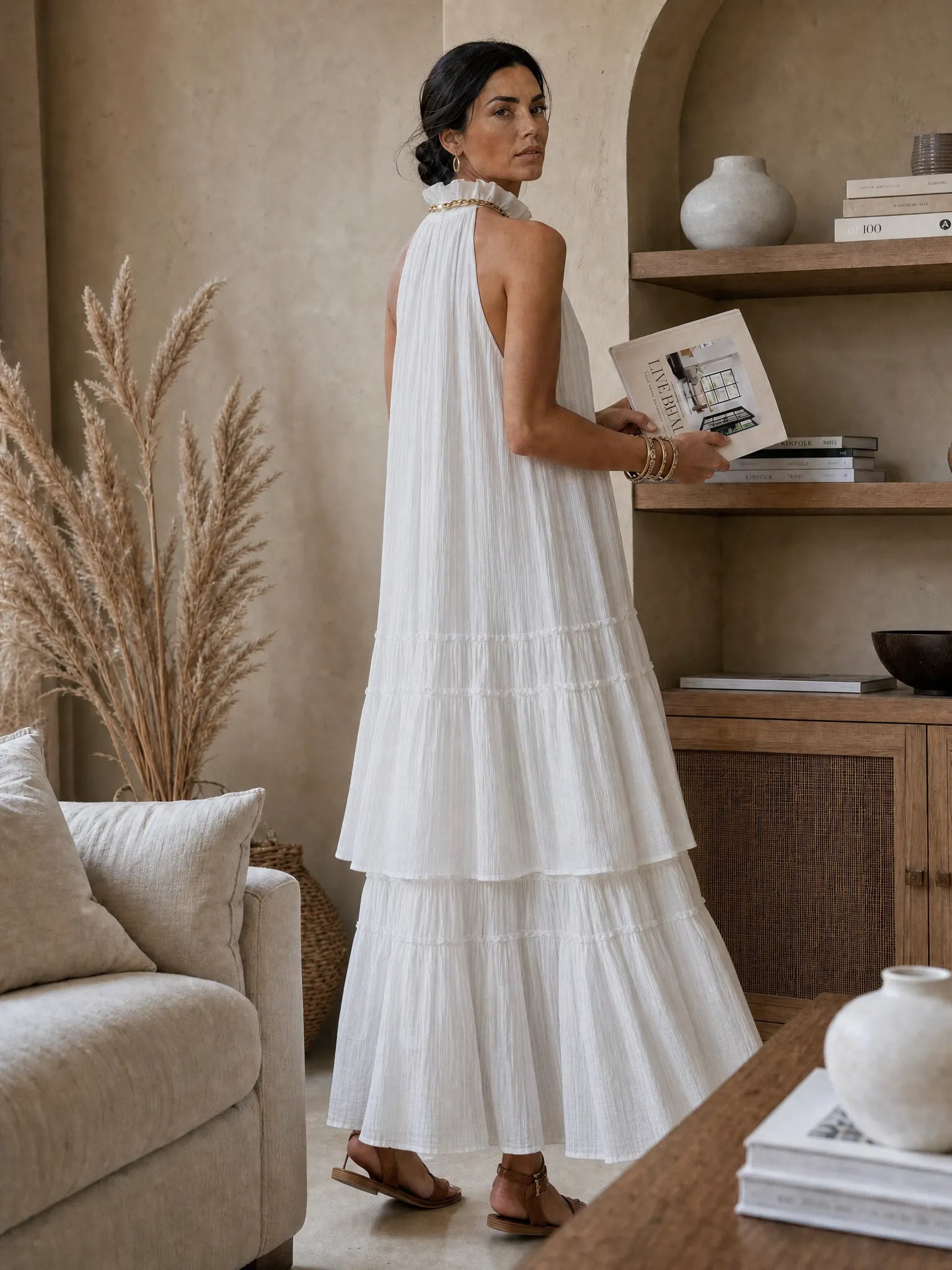 Airy High-Neck Tiered Bohemian Maxi Dress