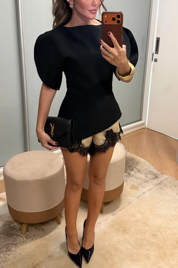 Fashionable Puff-sleeved Waist-cinching Asymmetrical Top